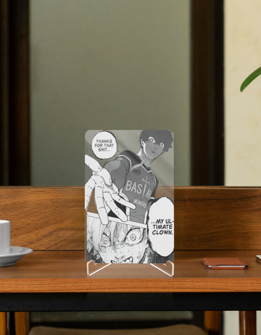 Isagi Blue Lock character relic display featuring a bold graphic on a clear stand