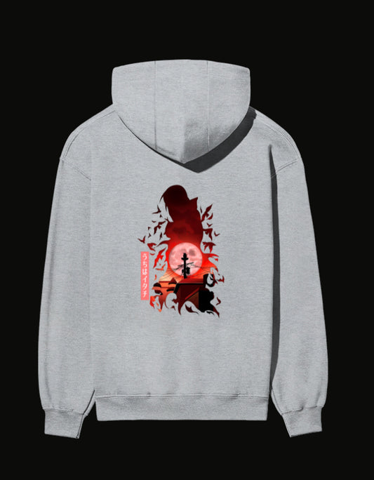 Gray Itachi hoodie featuring a striking design of Itachi with crows and a red sunset background