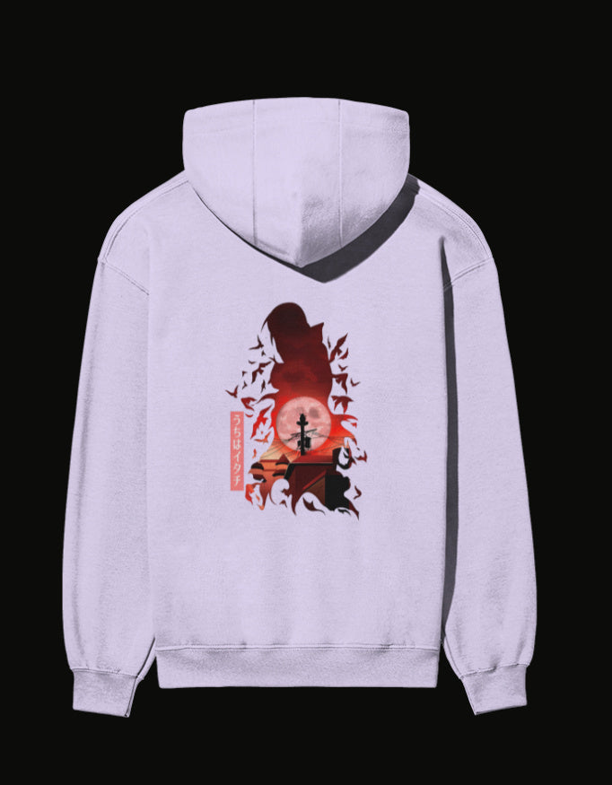 Itachi hoodie featuring a striking silhouette design with a sunset and crows for fans of anime