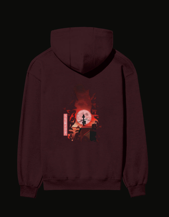 Maroon Itachi hoodie featuring a striking graphic design of Itachi Uchiha against a red background