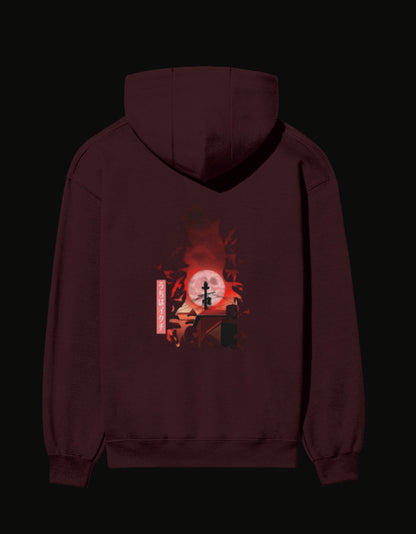 Maroon Itachi hoodie featuring a striking graphic design of Itachi Uchiha against a red background