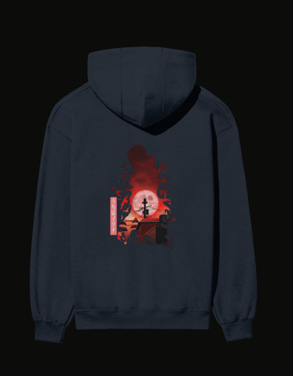 Itachi hoodie featuring a striking graphic of Itachi against a red moon backdrop
