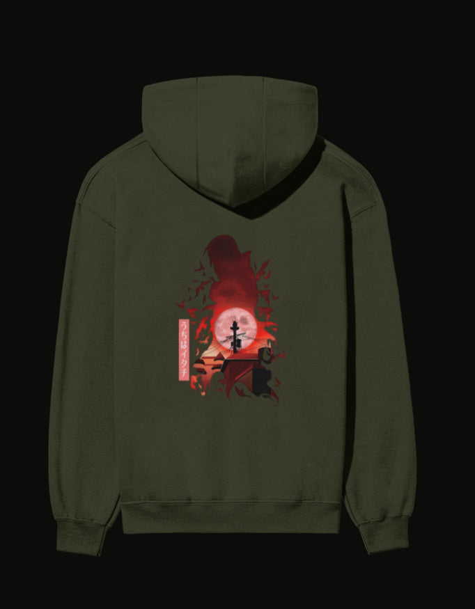 Itachi hoodie with a red and black graphic design featuring a silhouette and moon backdrop