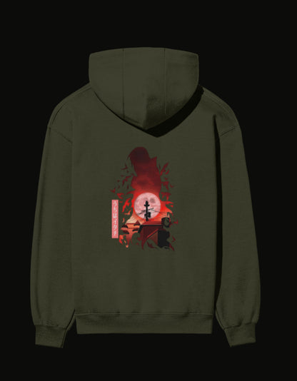 Itachi hoodie with a red and black graphic design featuring a silhouette and moon backdrop