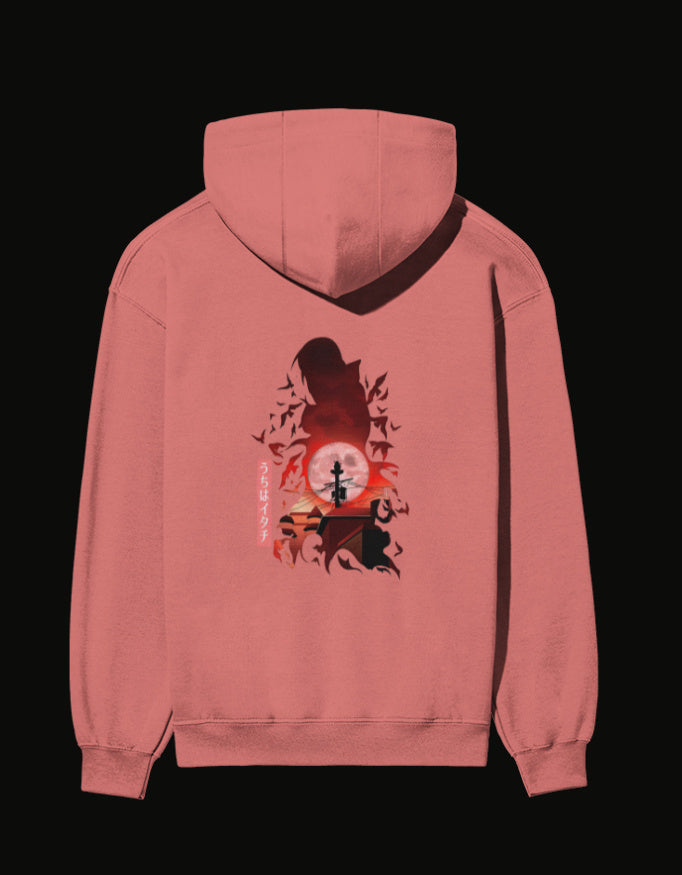 Pink Itachi hoodie featuring a detailed graphic of Itachi and a scenic background