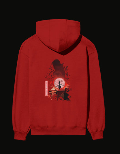 Red Itachi hoodie featuring a dramatic graphic design with a ninja silhouette