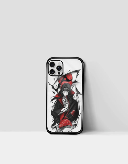 Itachi iPhone case with detailed anime design featuring Itachi Uchiha in black and red colors