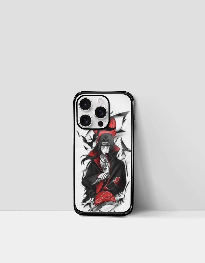 Itachi iPhone case with black and red anime design featuring Itachi Uchiha from Naruto