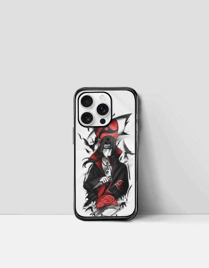 Itachi iPhone case featuring anime character Itachi Uchiha with red and black design from AnimeVerseStore