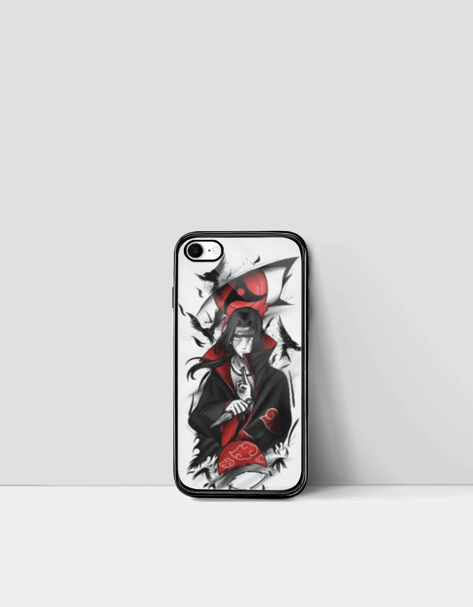 Itachi iPhone case with anime character design in black red and white colors