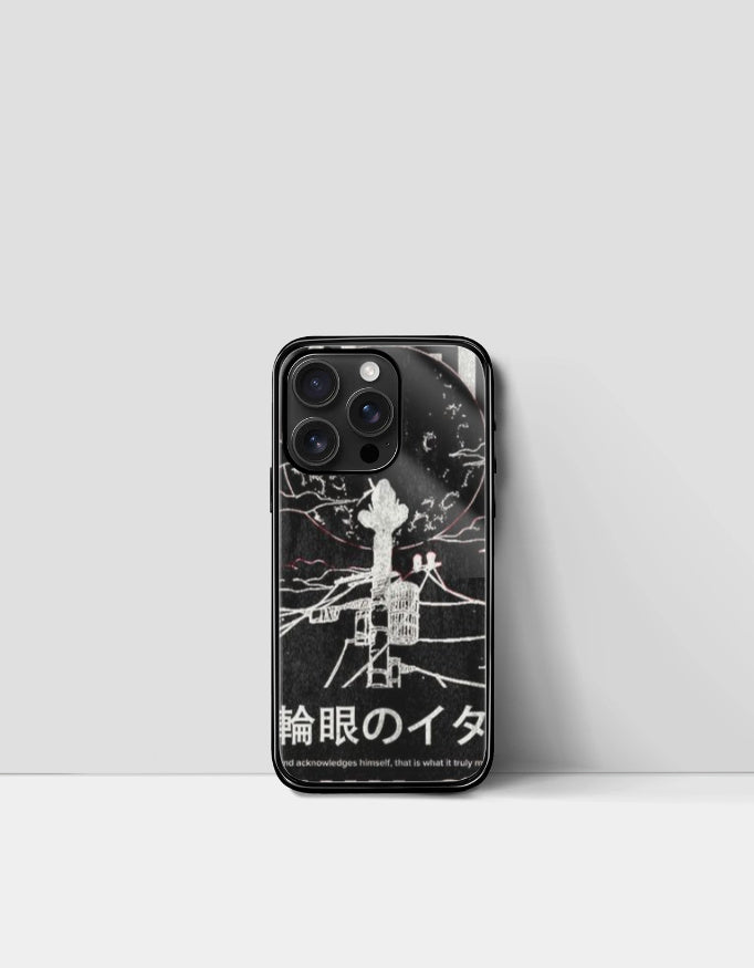 Itachi iPhone glass case with black and white anime design and Japanese text by AnimeVerseStore