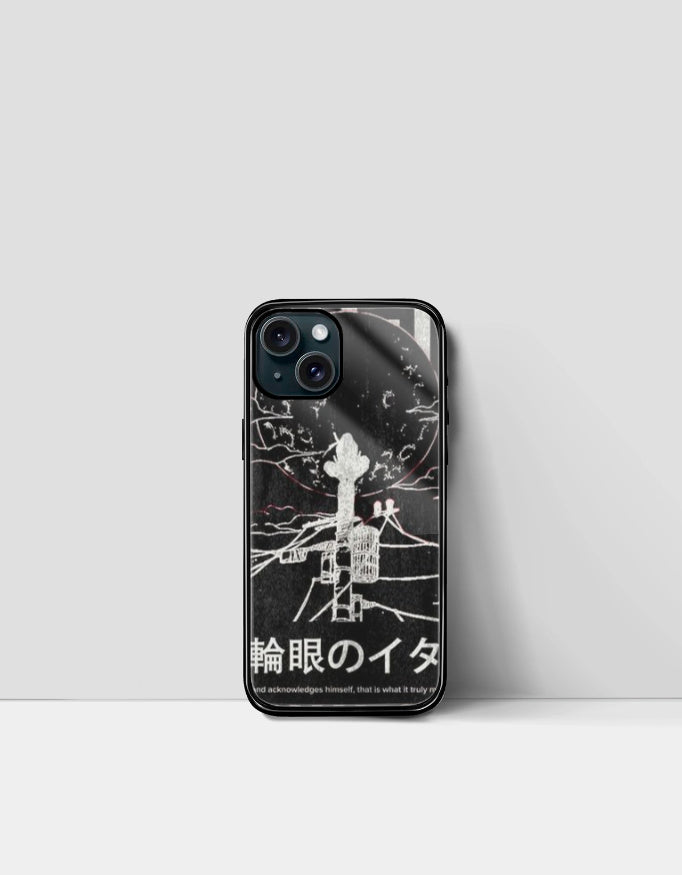 Itachi iPhone glass case featuring black design with anime character and Japanese text details