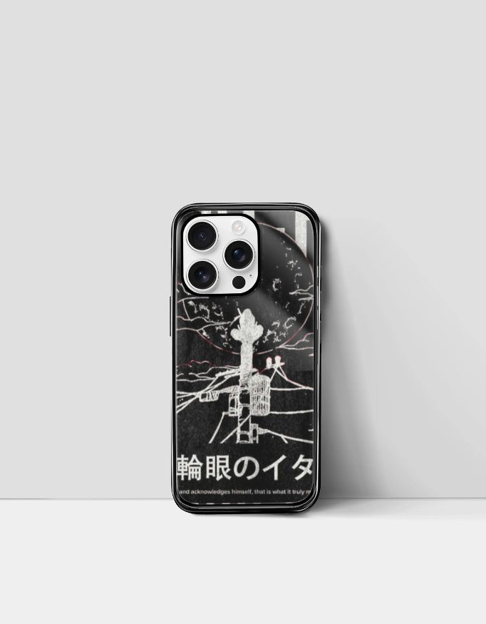 Itachi iPhone glass case featuring black and white anime design with Japanese text and character art