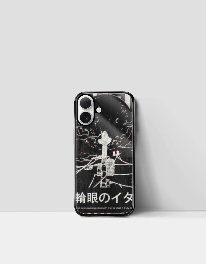 Itachi iPhone glass case with black anime design and white Japanese text for sleek protection