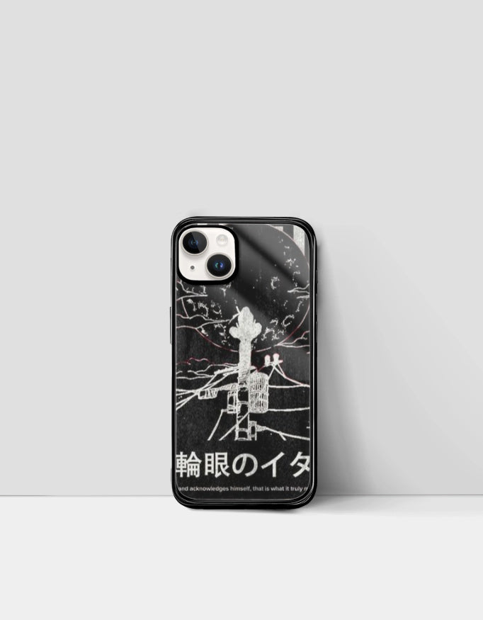 Itachi iPhone glass case with anime design and Japanese text for stylish phone protection