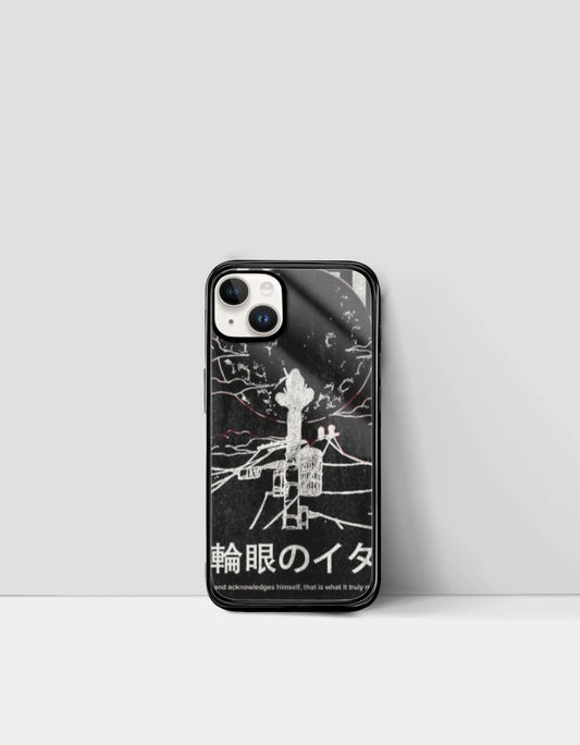Itachi iPhone glass case with anime design and Japanese text for stylish phone protection