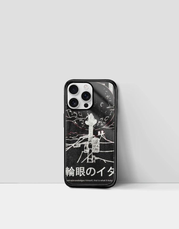 Itachi iPhone glass case with black anime design and Japanese text from AnimeVerseStore
