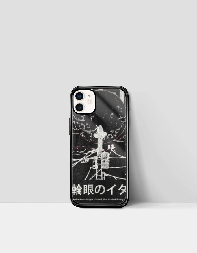 Itachi iPhone glass case featuring black anime design with white and red details from AnimeVerseStore