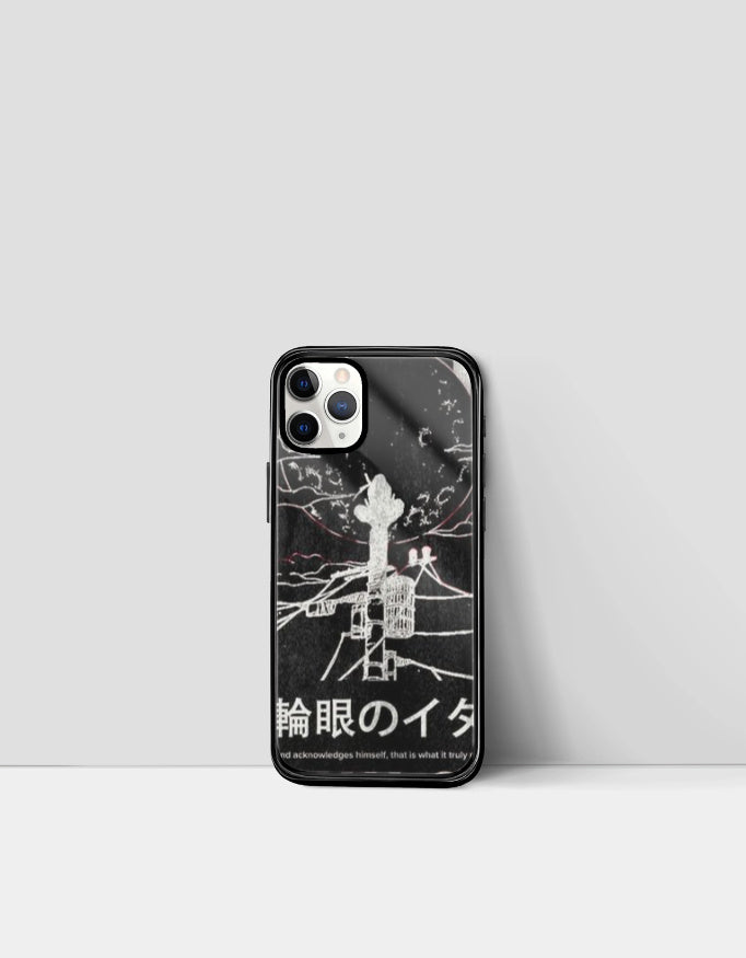 Itachi iPhone glass case with black and white anime design and Japanese text