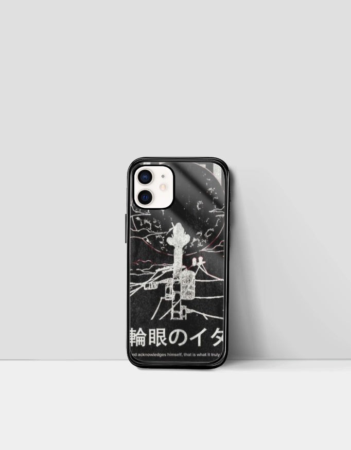 Itachi iPhone glass case with black and white anime design and Japanese text for anime fans