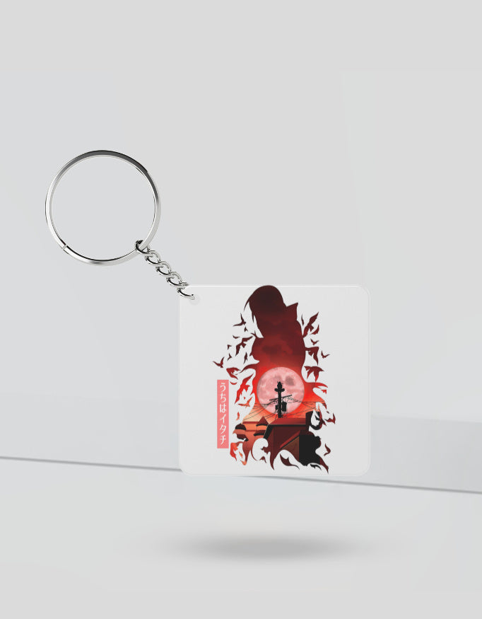 Square Itachi Uchiha keychain with red and black silhouette design on white background