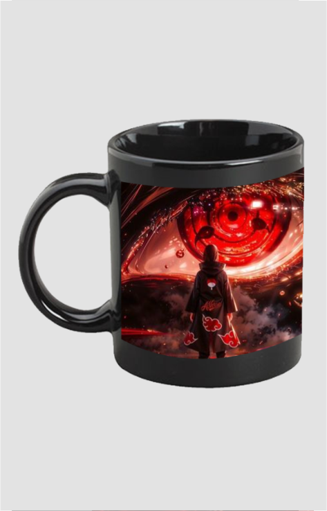 Black Itachi Uchiha mug featuring vibrant red Sharingan eye and Akatsuki figure design