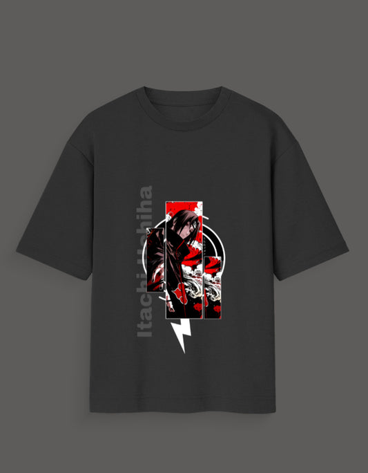 Black t-shirt featuring Itachi Uchiha streetwear design with red and white graphic elements