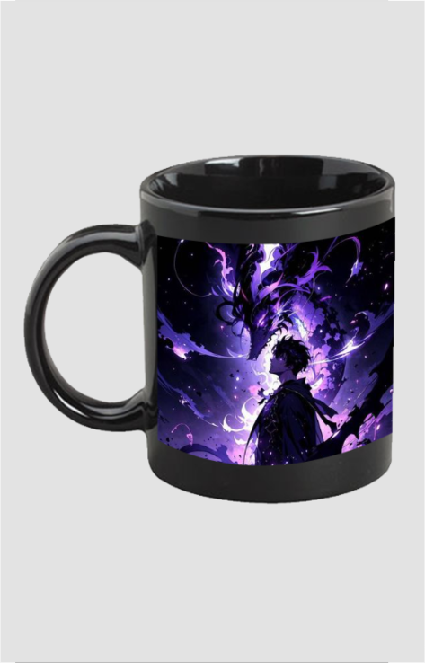 Black Jin Woo anime coffee mug featuring a vibrant purple and black design with anime character and dragon