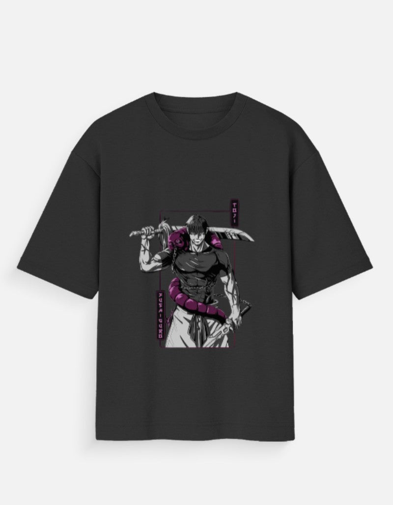 Black JJK graphic tee for Gen Z featuring anime character with sword and purple accents