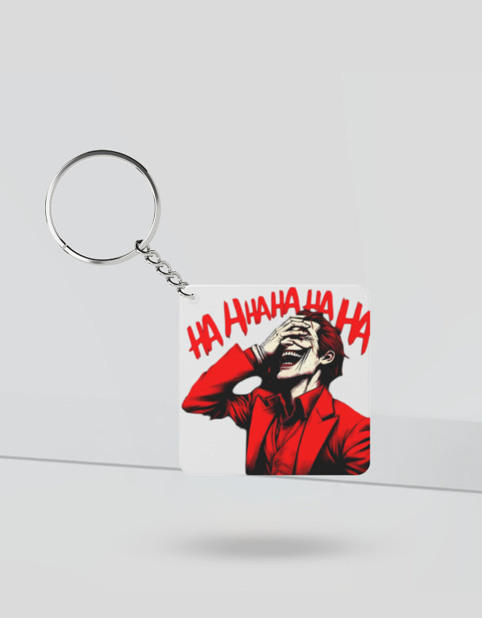 joker anime keychain featuring red-suited character laughing with HA HA text in red