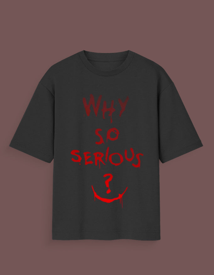 Black joker inspired graphic tee with red Why So Serious text and smile design