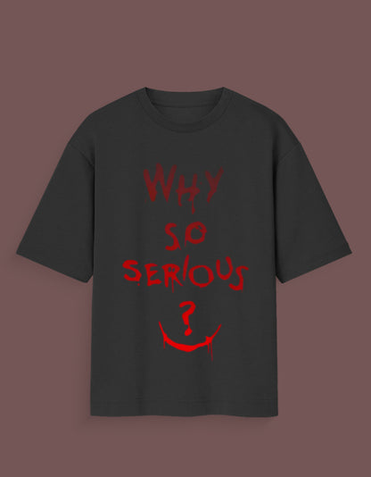 Black joker inspired graphic tee with red Why So Serious text and smile design