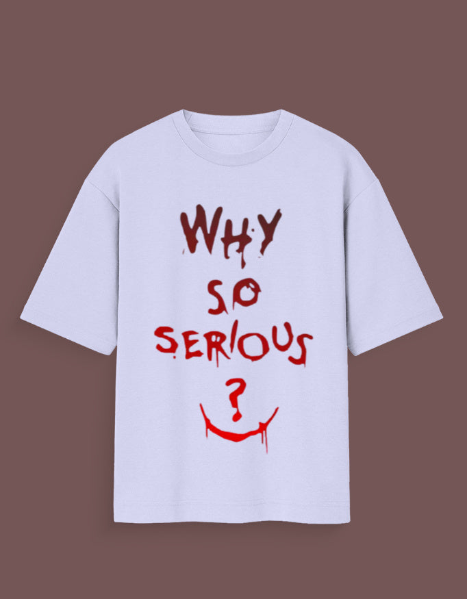 White joker inspired graphic tee with red Why So Serious text and smile design