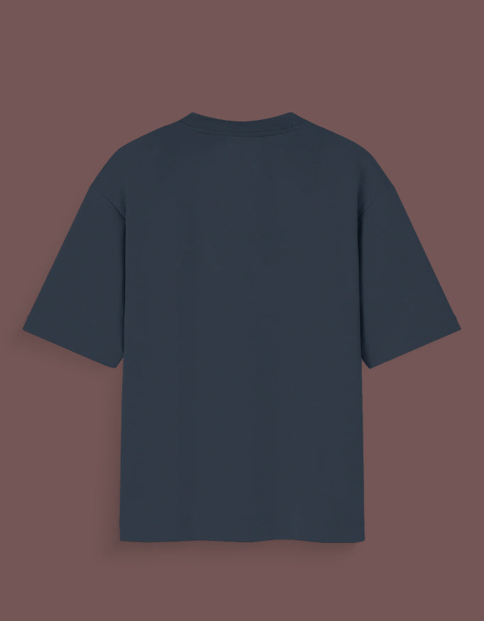 Back view of plain dark navy joker inspired graphic tee with short sleeves and crew neck