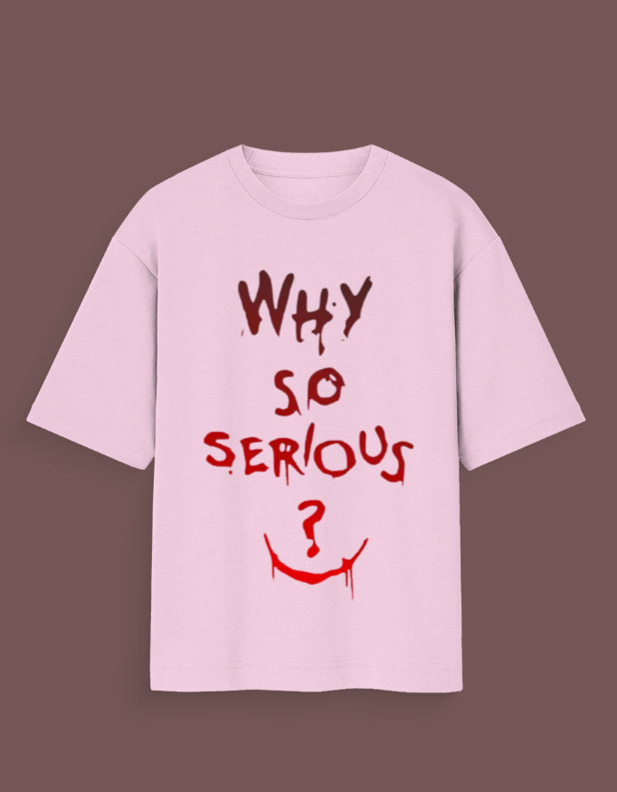 Light pink joker inspired graphic tee with why so serious text and smile design