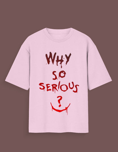 Light pink joker inspired graphic tee with why so serious text and smile design