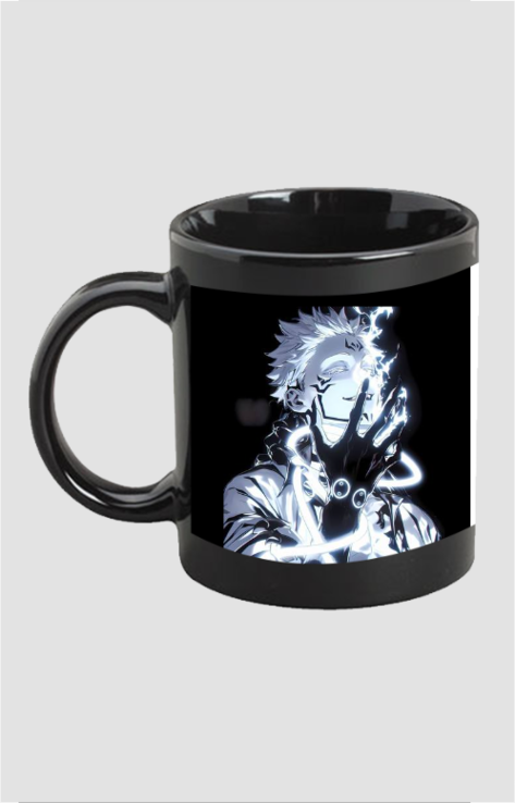 Black Jujutsu Kaisen anime cup featuring glowing white character artwork on the side