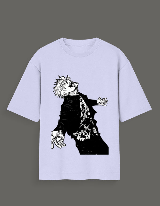 Light purple Jujutsu Kaisen Gojo art tee with black and white anime character graphic on front