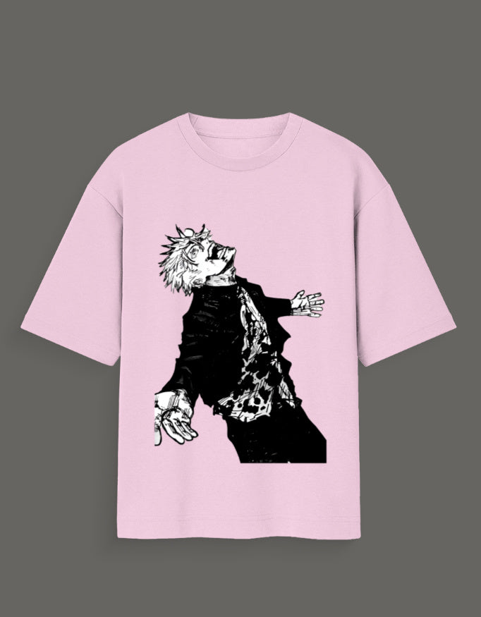 Pink Jujutsu Kaisen Gojo art tee featuring black and white anime character graphic on front