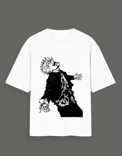 White Jujutsu Kaisen Gojo art tee with black manga-style character design on front