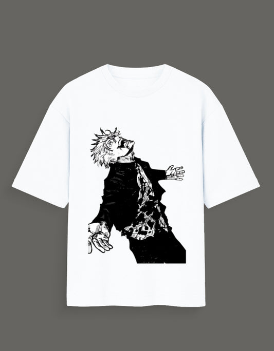 White Jujutsu Kaisen Gojo art tee with black manga-style character design on front