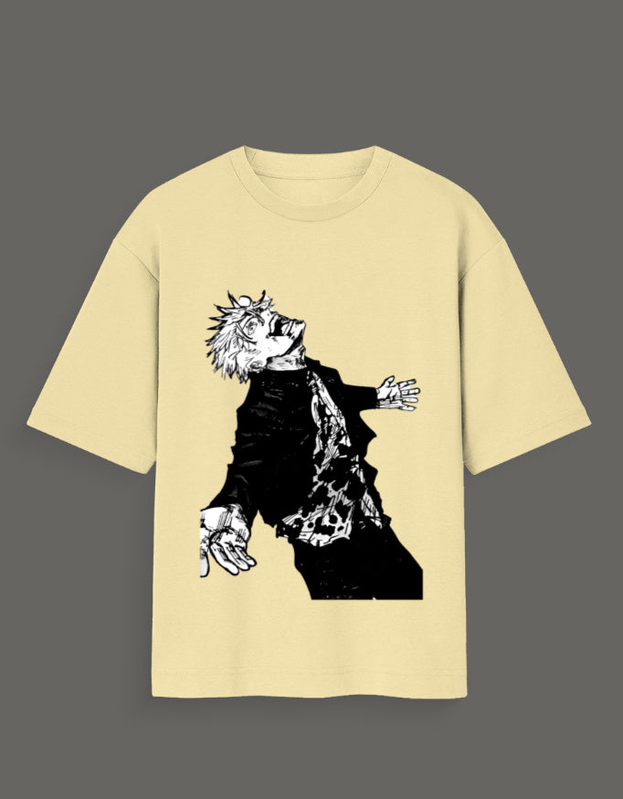 Beige Jujutsu Kaisen Gojo art tee with black and white graphic design on front
