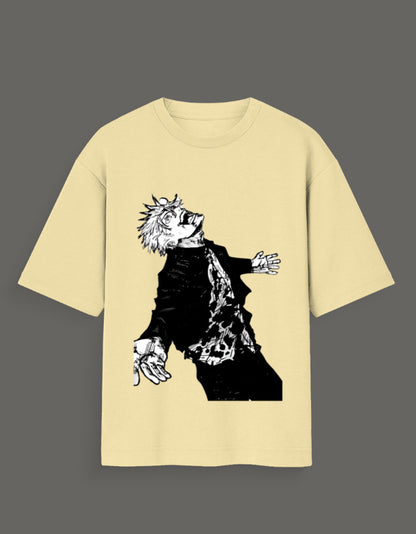 Beige Jujutsu Kaisen Gojo art tee with black and white graphic design on front