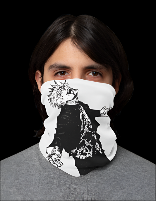 Jujutsu Kaisen Gojo bandana featuring a striking black and white design worn by a model