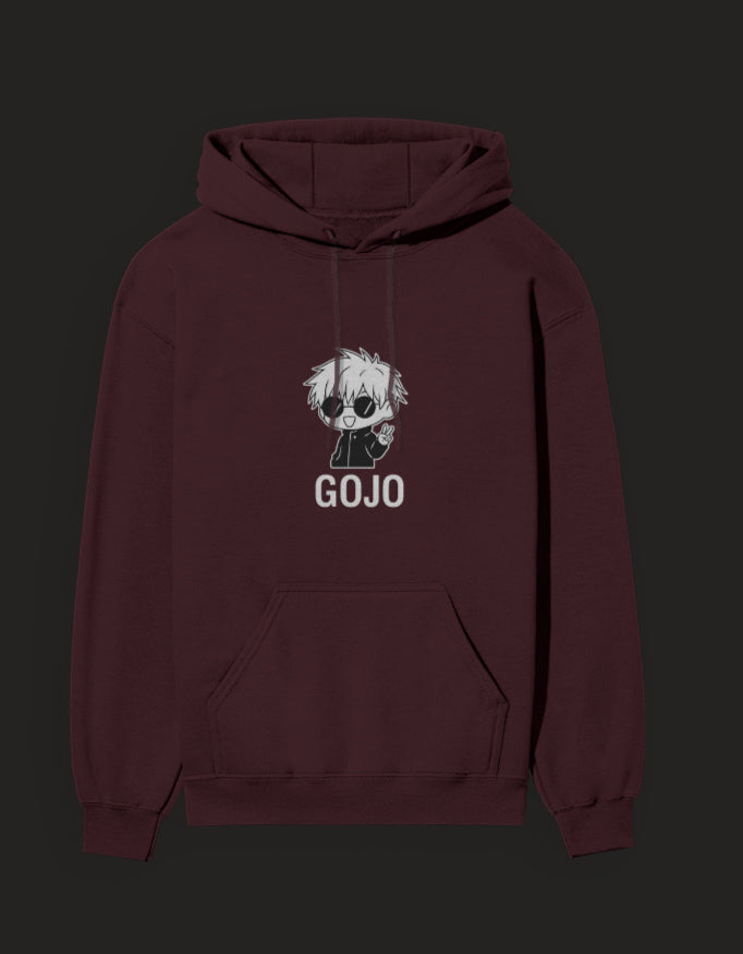 Maroon Gojo hoodie Jujutsu Kaisen featuring a playful graphic design of Gojo character