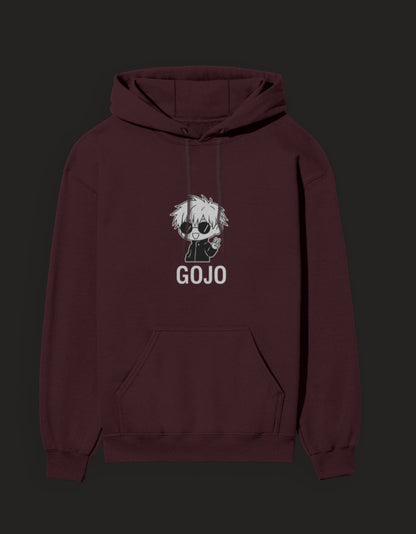 Maroon Gojo hoodie Jujutsu Kaisen featuring a playful graphic design of Gojo character