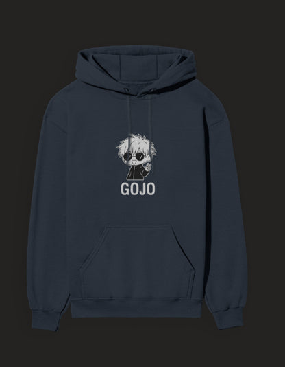Gojo hoodie Jujutsu Kaisen featuring a unique cartoon design on a navy blue background