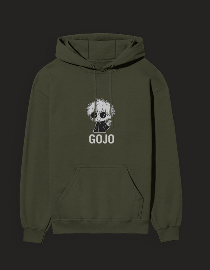 Green Gojo hoodie Jujutsu Kaisen featuring an adorable character graphic on the front