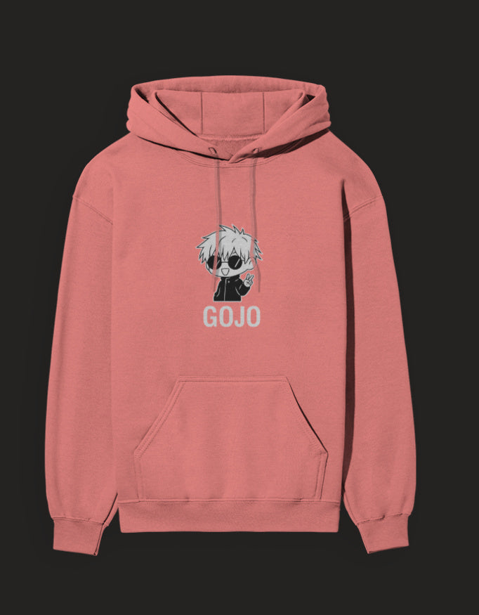 Pink Gojo hoodie Jujutsu Kaisen featuring a character design and front pocket