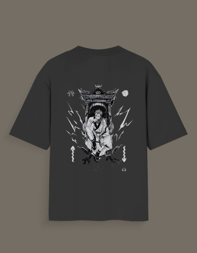 Black king of curses anime t-shirt featuring a detailed character design with lightning and throne graphics